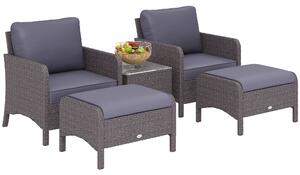 Outsunny Set Mobili Giardino Eleganti, 2 Poltrone + 2 Poggiapiedi + Tavolino Vetro Temperato, Rattan Grigio, Design Moderno|Aosom