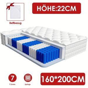 Materasso Carroltt 90x200/140x200 cm, materasso a molle insacchettate a 7 zone, altezza 22 cm/25 cm, (traspirante), materasso con lenzuolo sagomato, materasso per adulti