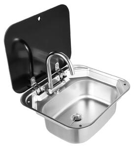 Lavello per camper - Lavello da incasso con rubinetto pieghevole - Acciaio inossidabile 304 - Coperchio in vetro temperato - Rettangolare - Argento - 41 x 36,5 x 16 cm