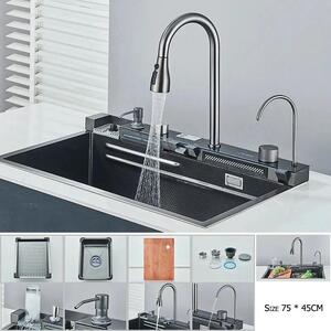 Lavello da cucina - Grande lavello a cascata con un solo vano - Rame - Nero - Rettangolare - Sottotop - Con miscelatore per cucina - Due fori