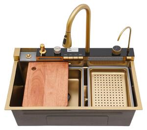 Set da cucina - Lavello - Rubinetto con erogatore a cascata - Rubinetto estraibile - Acciaio inossidabile - Controllo digitale della temperatura