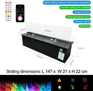 Camino a nebbia 3D - Camino elettrico - Camino a vapore - Riscaldamento d'atmosfera - Umidificatore - 1500 mm
