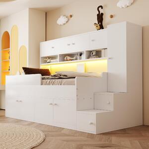 Letto a castello 90 × 200 cm con spazio contenitivo, scaletta, armadio e scaffali, illuminazione LED, ringhiera di sicurezza, 16 listelli, colore bianco/effetto legno