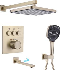 Rubinetto per doccia - Rubinetto per doccia con attacco - Rubinetto termostatico - Set per doccia - Doccia a pioggia - Oro spazzolato