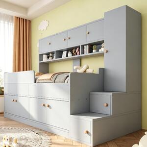 Letto a soppalco 90 x 200 cm con spazio contenitivo, scala a 2 gradini, armadio, scaffali, illuminazione a LED e ringhiera di sicurezza, colore grigio