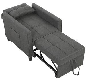 HOMCOM Poltrona Letto Singolo 3 in 1 in Tessuto Effetto Lino e Legno con Schienale Reclinabile, Cuscino, Tasche, Grigio | Aosom Italy