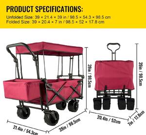 Carrello pieghevole per giardinaggio, con tettoia, ideale per trasportare la spesa, per la spiaggia, per il trasporto di oggetti pesanti e adatto a qualsiasi terreno grazie alle sue ruote all-terrain
