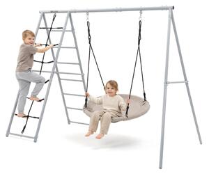 Altalena da giardino XL 3 in 1, nido di cicogna, scaletta e rete da arrampicata, acciaio verniciato a polvere, 100 cm, per giardino, fino a 4 bambini