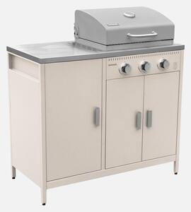 Modulo cucina da esterno in metallo con barbecue a gas a 3 bruciatori, Beige