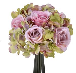 2 Bouquet Artificiali Composto da 11 Fiori di Rose e Ortensie Altezza 20 cm Rosa