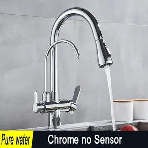 Miscelatore da cucina – Miscelatore estraibile per lavello con filtro dell'acqua – Rotazione a 360° – 2 maniglie – Acqua calda e fredda – Ottone – Cromato