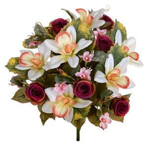 Bouquet Artificiale di Orchidee e Rose Altezza 38 cm Marrone/Ciliegia/Bordeaux