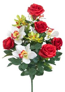 Bouquet Artificiale Composto da 14 Fiori Artificiali di Rose e Orchidee Altezza 56 cm Rosso