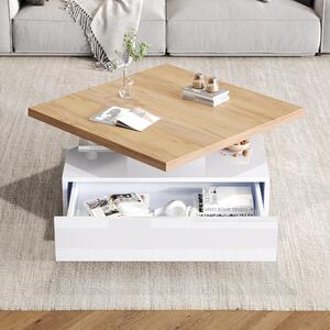 Tavolino da divano 70x70x36 cm in pannello di particelle rivestito in bianco e noce, forma quadrata, piano girevole a 360°, con cassetto e vano aperto per la conservazione