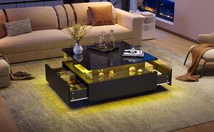 Tavolino da divano, dimensioni 70x70x41 cm, realizzato in pannello di particelle di legno al 100%, colore nero, dotato di 2 cassetti, illuminazione LED e una superficie trasparente per l'esposizione