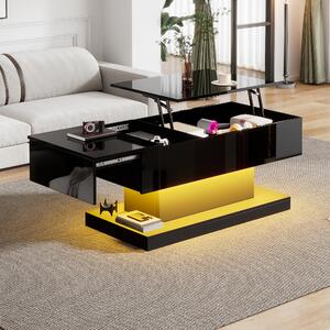 Tavolino da divano, dimensioni 100x50x45 cm, realizzato in pannello di particelle al 100%, colore nero, con illuminazione a LED, piano del tavolo sollevabile idraulicamente e scorrevole lateralmente