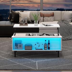 Tavolino da divano, dimensioni 105 x 50 x 43 cm, con altezza regolabile fino a 58 cm, realizzato in pannello di particelle di legno al 100%, con piano in vetro temperato, colore bianco, dotato di spazio contenitivo nascosto e illuminazione a LED