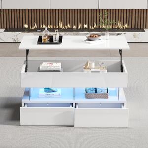 Tavolino da divano, dimensioni 100 x 50 x 46 cm, realizzato in pannello di particelle di legno al 100%, con finitura in acrilico bianco, altezza regolabile, dotato di spazio contenitivo nascosto, 2 cassetti e illuminazione LED