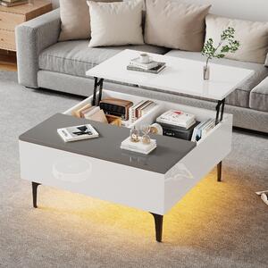 Tavolino da caffè 70x70x35 cm, tavolino con altezza regolabile e spazio contenitivo, realizzato in MDF bianco e grigio, con piano lucido, cassetto e illuminazione LED RGB controllabile tramite app