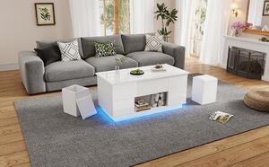 Tavolino da divano 100 x 50 x 45 cm, tavolino da divano regolabile in altezza realizzato in pannello di particelle bianco, con illuminazione a LED, 2 cassetti e 2 poggiapiedi