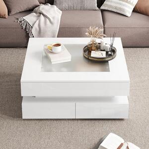 Tavolino da salotto, dimensioni 70 x 70 x 35 cm, realizzato in pannello di particelle al 100%, con piano in vetro, colore bianco, piano in vetro quadrato, dotato di illuminazione a LED e 3 cassetti