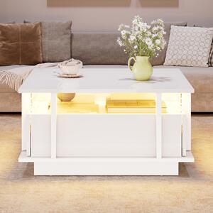 Tavolino da divano, dimensioni 70 x 70 x 35 cm, realizzato in pannello di particelle al 100%, colore bianco, piano quadrato, dotato di 2 cassetti e illuminazione a LED