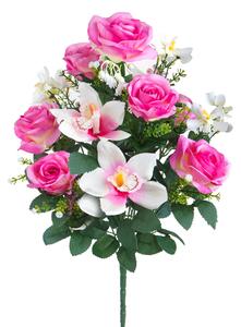 Bouquet Artificiale Composto da 14 Fiori Artificiali di Rose e Orchidee Altezza 56 cm Rosa