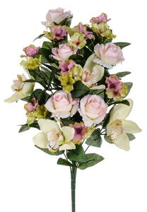 Bouquet Artificiale Frontale di Rose e Cymbidium Altezza 53 cm Rosa