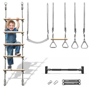 Set da ginnastica e arrampicata 5 in 1, barra di apertura per telaio della porta - Scala in legno, altalena, maniglie per ginnastica, casa e giardino