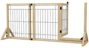 PawHut Cancelletto per Cani Estensibile con Porta e 2 Pannelli, Piedini Triangolari, 112-159x70 cm, Legno Naturale | Aosom Italy