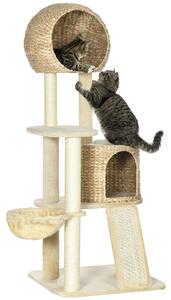 PawHut Albero per gatti, con casa per gatti, diverse piattaforme, amaca, tappetino per graffiare, dispositivo di sicurezza antiribaltamento, beige, 60 x 60 x 150cm