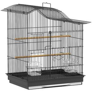 PawHut Gabbia per Uccelli a 4 Porte con 2 Ciotole, 2 Posatoi e Vassoio, in Metallo e Plastica, 47.5x36x54.5 cm, Nero | Aosom Italy