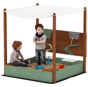 AIYAPLAY Sandbox con tettoia solare per bambini, 2 contenitori per conservazione, 116L x 112,5P x 128H cm, Legno di pino, Plastica, Verde | Aosom Italy