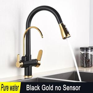 Miscelatore per cucina - Miscelatore per lavello con filtro dell'acqua - Doccetta estraibile - Rotazione a 360° - Due manopole per acqua calda e fredda - Montaggio su piano di lavoro con un foro - Colore: nero e oro