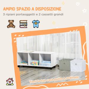 HOMCOM Mobiletto Portagiochi Multifunzione per Bambini 3-12 Anni, Scaffale Salvaspazio con Cassetti su Ruote, 90x30x37.9cm - Bianco