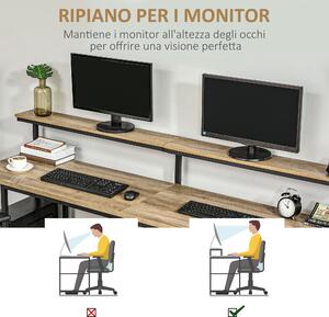 HOMCOM Scrivania Doppia con Scaffali e Mensola per Monitor, Stile Industriale in Metallo e MDF, 200x53x100cm, Nero Marrone