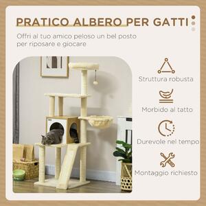 PawHut Albero per Gatti con Casetta, Tiragraffi per Gatti, Posatoio e Paletto, 48.5x48.5x141.5 cm, Beige