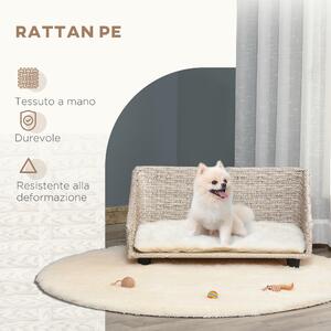 PawHut Cuccia per Cani e Gatti Rialzata in Rattan con Cuscino Lavabile Bianco, Lettino per Animali da Interno, 70.5x40x37.5cm, Beige