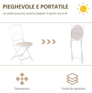 Outsunny Set da Giardino 3 Pezzi, Design a Mosaico, 2 Sedie Pieghevoli e Tavolino Rotondo, in Metallo e Ceramica, Bianco