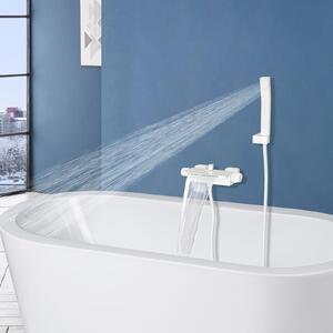 Set di rubinetti per bagno da montare a parete, in bianco opaco, con erogatore a cascata e doccetta manuale