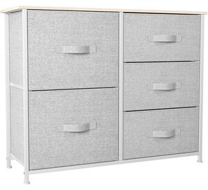 Comodino con 5 cassetti rivestiti in tessuto, colore grigio chiaro, dimensioni 85 x 30 x 70 cm