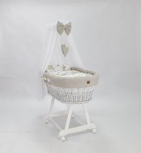 Lettino in vimini bianco con attrezzatura per neonato - Fiori in cotone