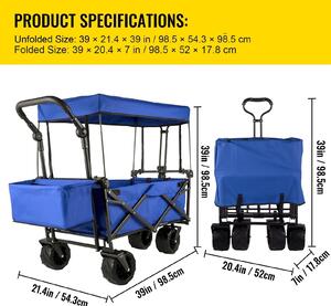 Carrello pieghevole per giardinaggio, con tettoia, ideale per trasportare la spesa, per la spiaggia, per il trasporto di oggetti pesanti e adatto a qualsiasi terreno grazie alle sue ruote all-terrain