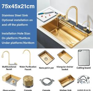 Lavello in acciaio inossidabile – Finitura dorata spazzolata – Rubinetto digitale – Miscelatore a cascata e a pioggia – Lavello grande