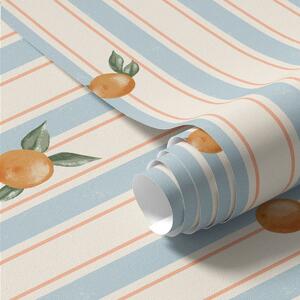 Carta da parati Frutti d'arancio su strisce di colore azzurro, Parati geometrica classici, Parati geometrica a righe classici, a01263v1 : Uwalls.it