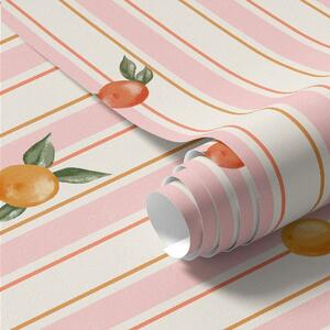 Carta da parati Frutta arancione su strisce rosa e color crema, Parati geometrica classici, Parati geometrica a righe classici, a01263v4 : Uwalls.it