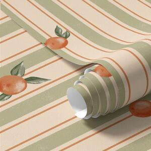 Carta da parati Frutti d'arancio su strisce color oliva e crema, Parati geometrica classici, Parati geometrica a righe classici, a01263v3 : Uwalls.it