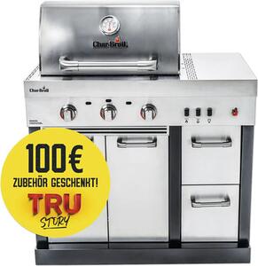 Char-Broil Ultimate 3200 Barbecue a gas a 3 bruciatori in acciaio inox con ripiano, termometro sul coperchio, vaschetta raccogli grasso, ripiano laterale, scaldavivande, griglia di cottura