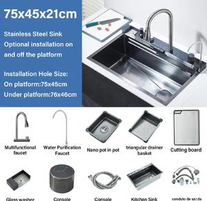 Rubinetto da cucina con effetto cascata e lavello - Acciaio inossidabile - Controllo digitale - Grigio gunmetal