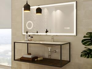 Specchio da bagno rettangolare luminoso con orologio digitale - Nero - 120 x 60 cm - AITANA